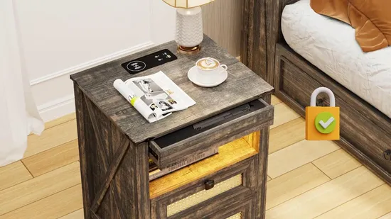 Rustic Nightstand with Charging Station LED Light for Bedroom