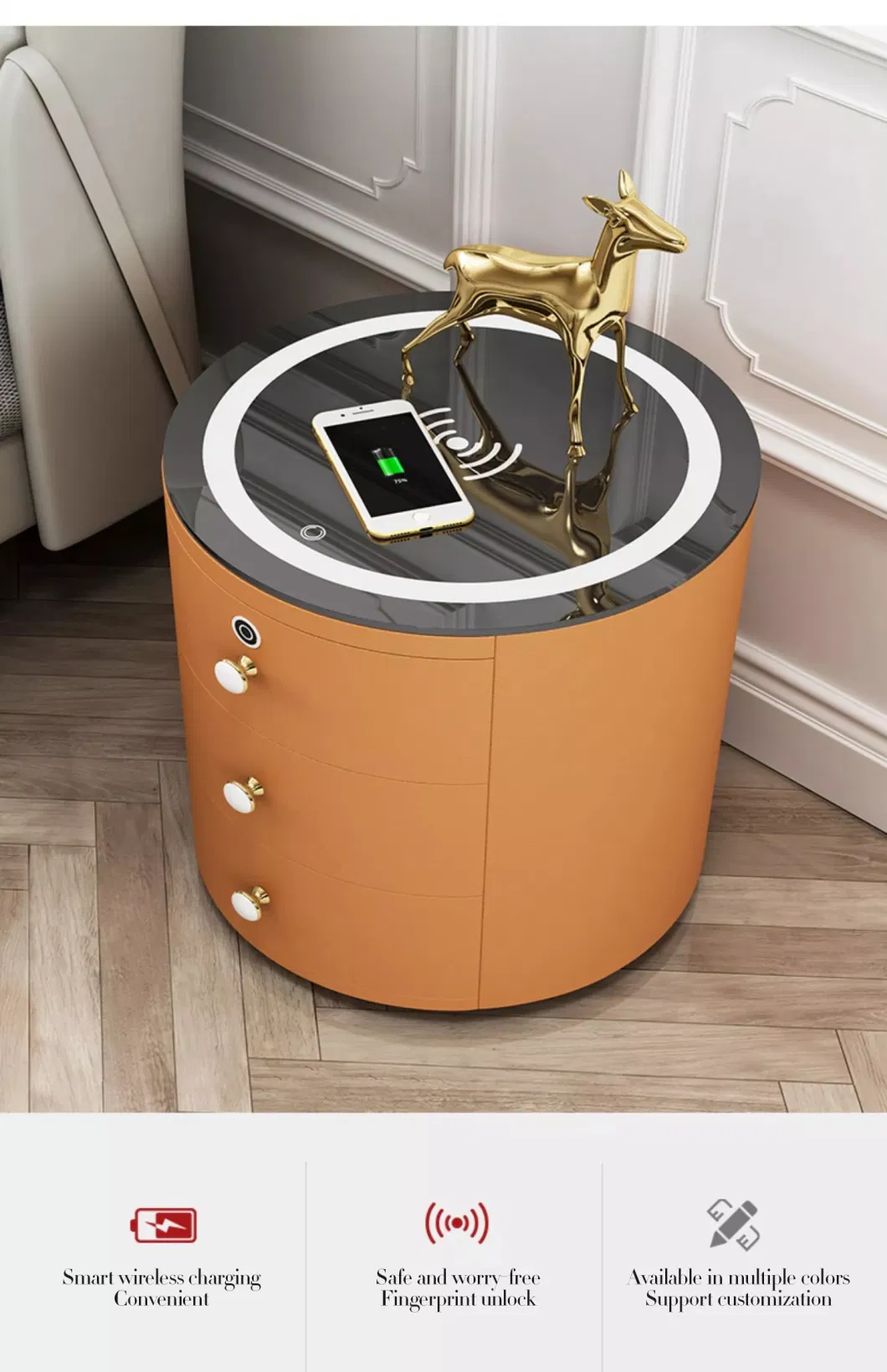 New Round Design Smart Bedroom Nightstands Touch LED Lights Modern Smart Leather Finish Bedside Table