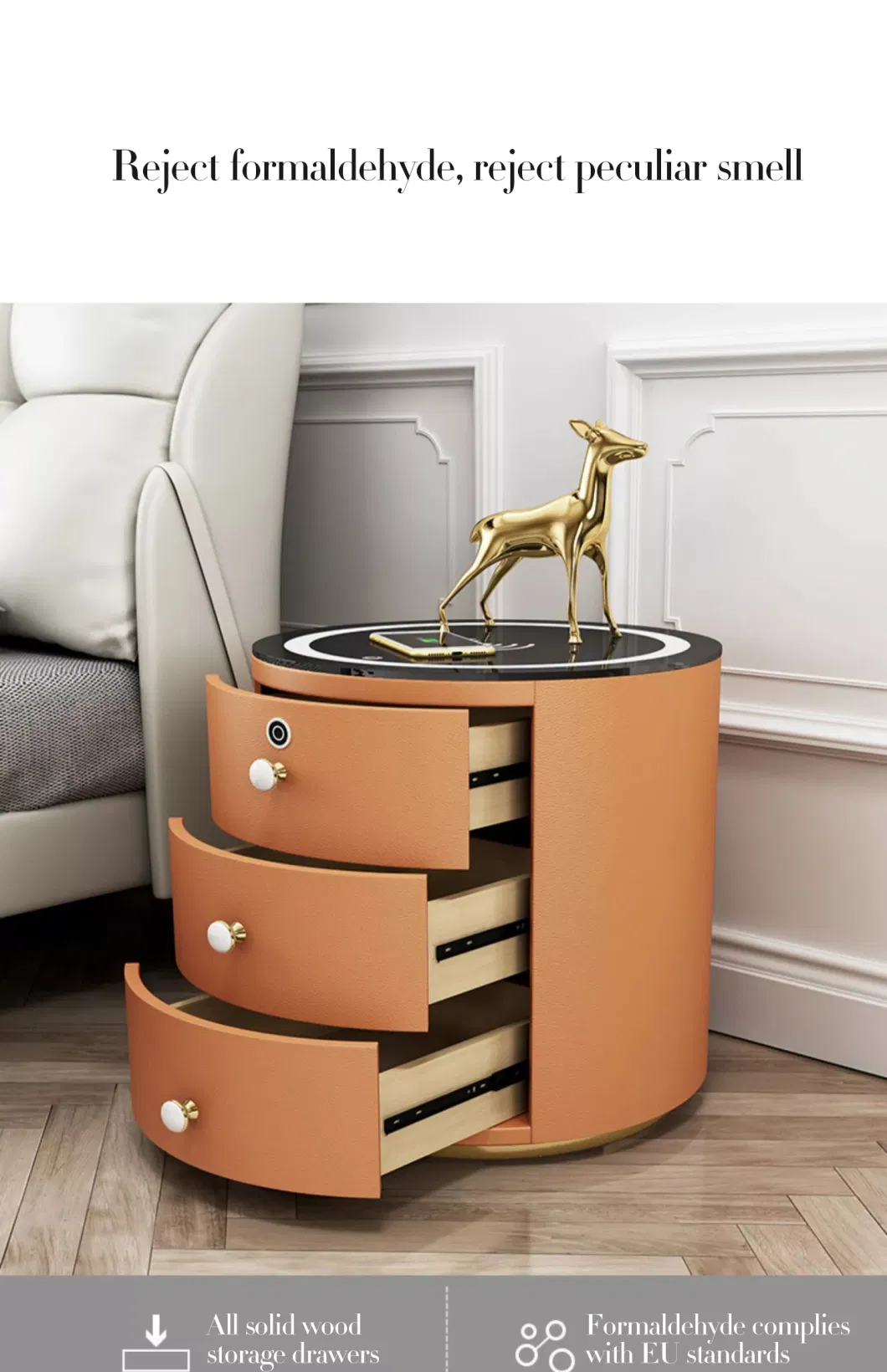 New Round Design Smart Bedroom Nightstands Touch LED Lights Modern Smart Leather Finish Bedside Table
