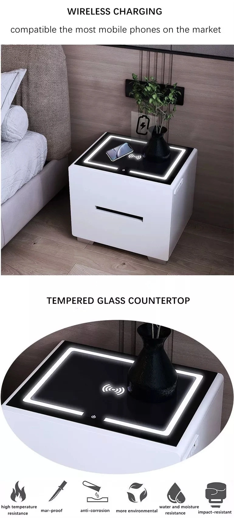 Nova Fashion LED Light Smart Bedside Table Modern Ready to Assemble Bedroom Furniture Smart Nightstand