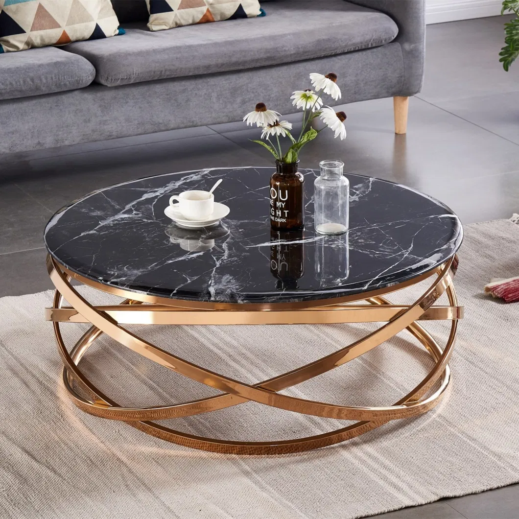 Black Marble Glass Modern Luxury Coffee Tables Gold Stainless Steel Round Living Room Tables