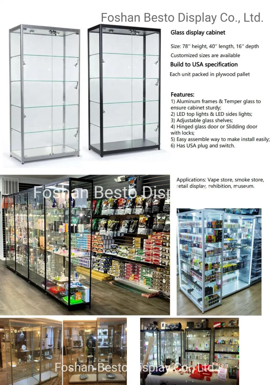 78 Inch Height Glass Display Cabinets with LED Lights and Glass Shelves for Vape Display, Smoke Shop, Jewelry Store, Tabacco, Cigeratte Store, Retail Display.