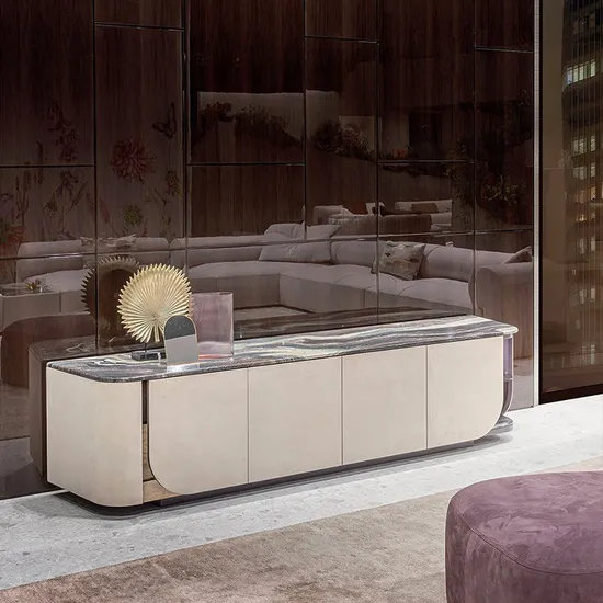 Premium Sleek Curved Ivory White Marble Veined Sideboard Contemporary Lounge Storage Solution 